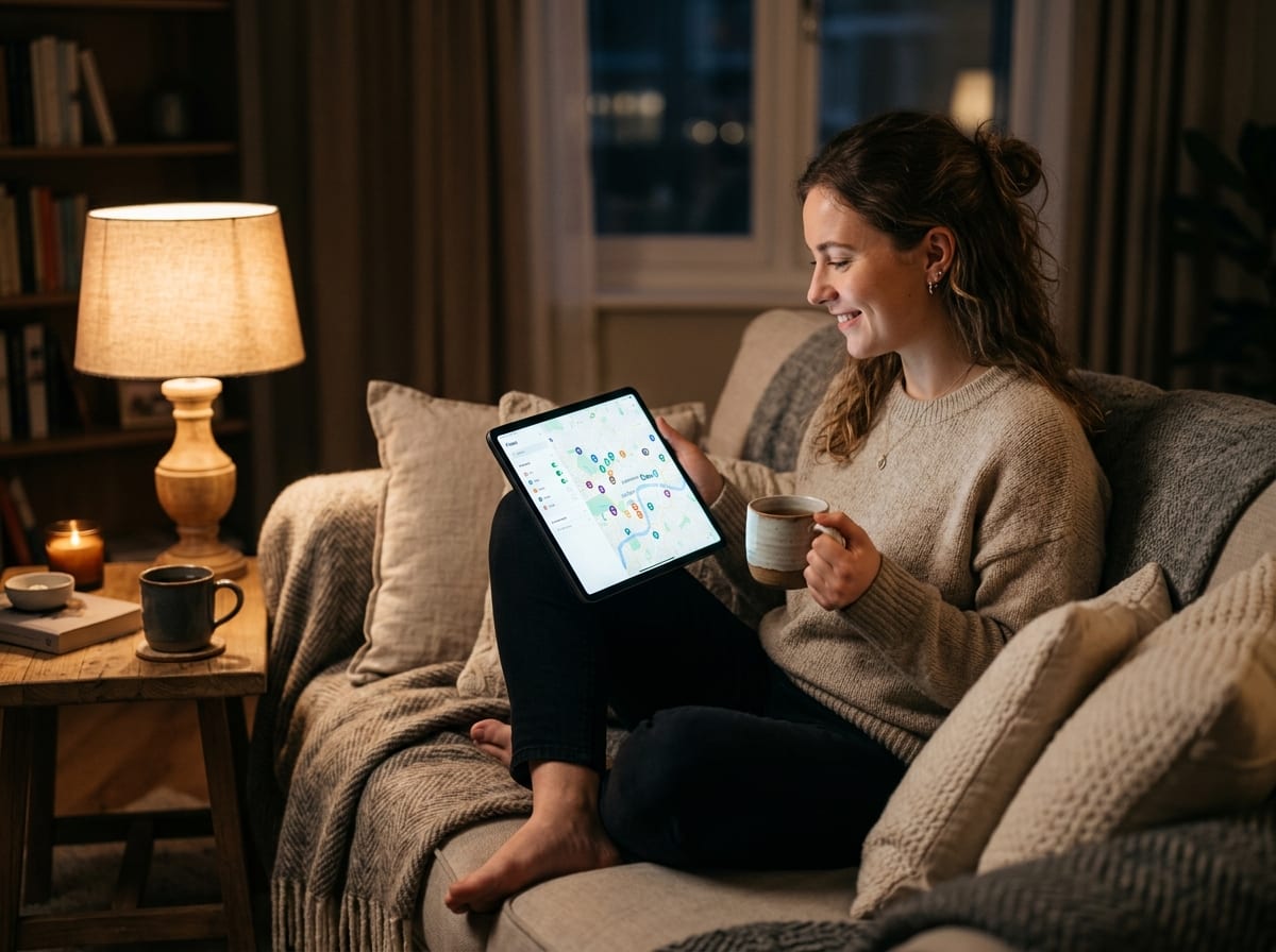 Nutzerin plant am Tablet ihr Wochenende mit gespeicherten Veranstaltungsfiltern