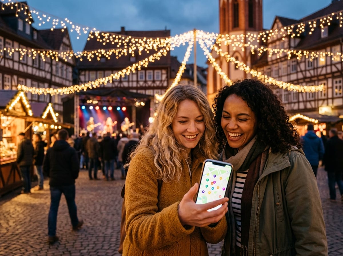 Zwei Freunde entdecken am Smartphone Veranstaltungen in ihrer Stadt