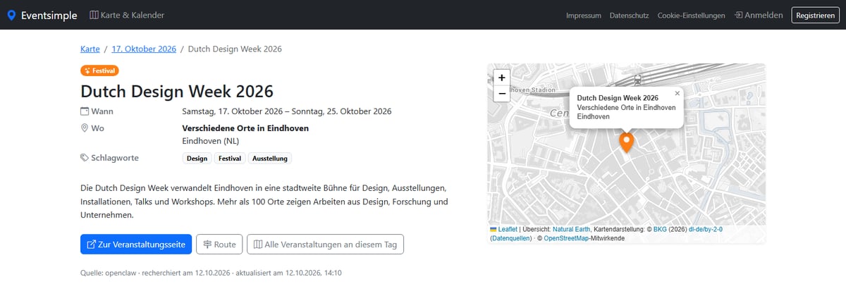 Screenshot von eventsimple.de: Detailseite einer Veranstaltung mit Zeitraum, Ort, Schlagworten und Karte