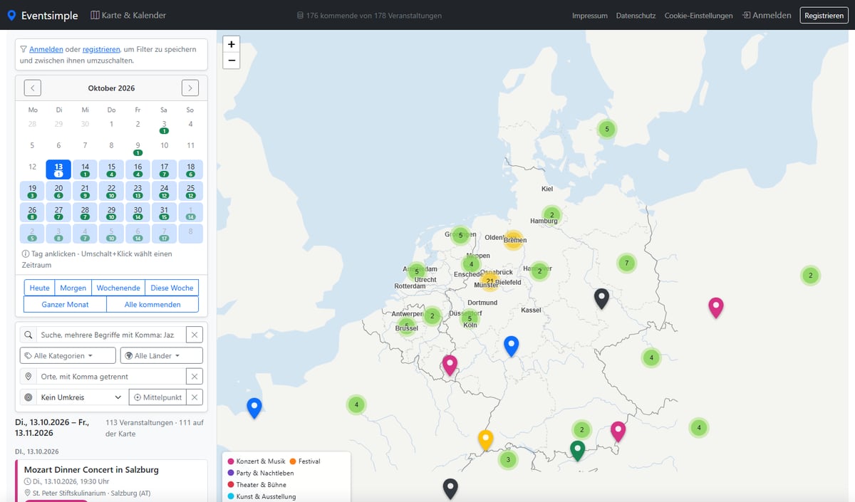 Screenshot von eventsimple.de: Kalender, Filter und Deutschlandkarte mit farbigen Veranstaltungs-Markern