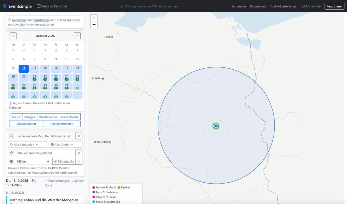 Screenshot von eventsimple.de: Umkreissuche mit 100-km-Radius um Berlin und Entfernungsangaben