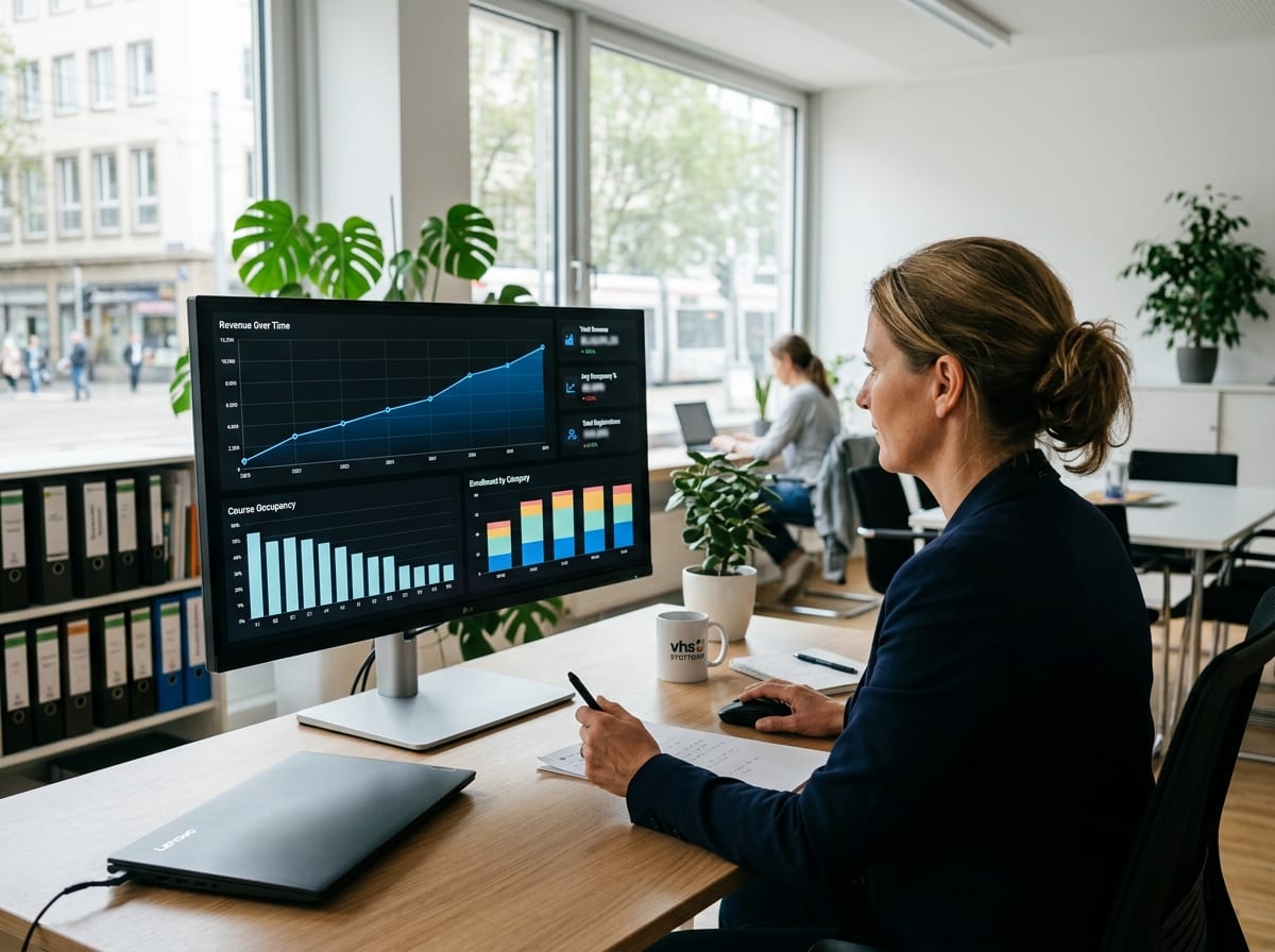 Leiterin einer Bildungseinrichtung analysiert Umsatz- und Auslastungsstatistiken am Monitor