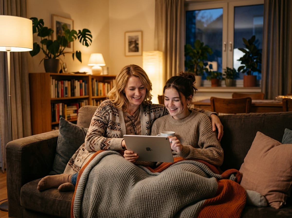 Mutter und Tochter buchen gemeinsam am Tablet einen Kurs im Online-Portal