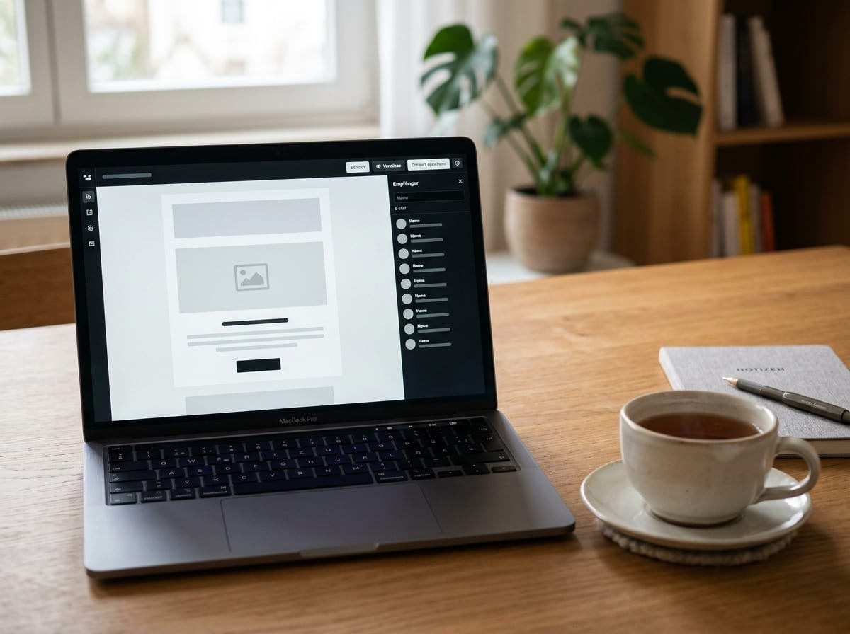 Newsletter-Editor mit Layout-Vorschau und Empfängerliste am Laptop