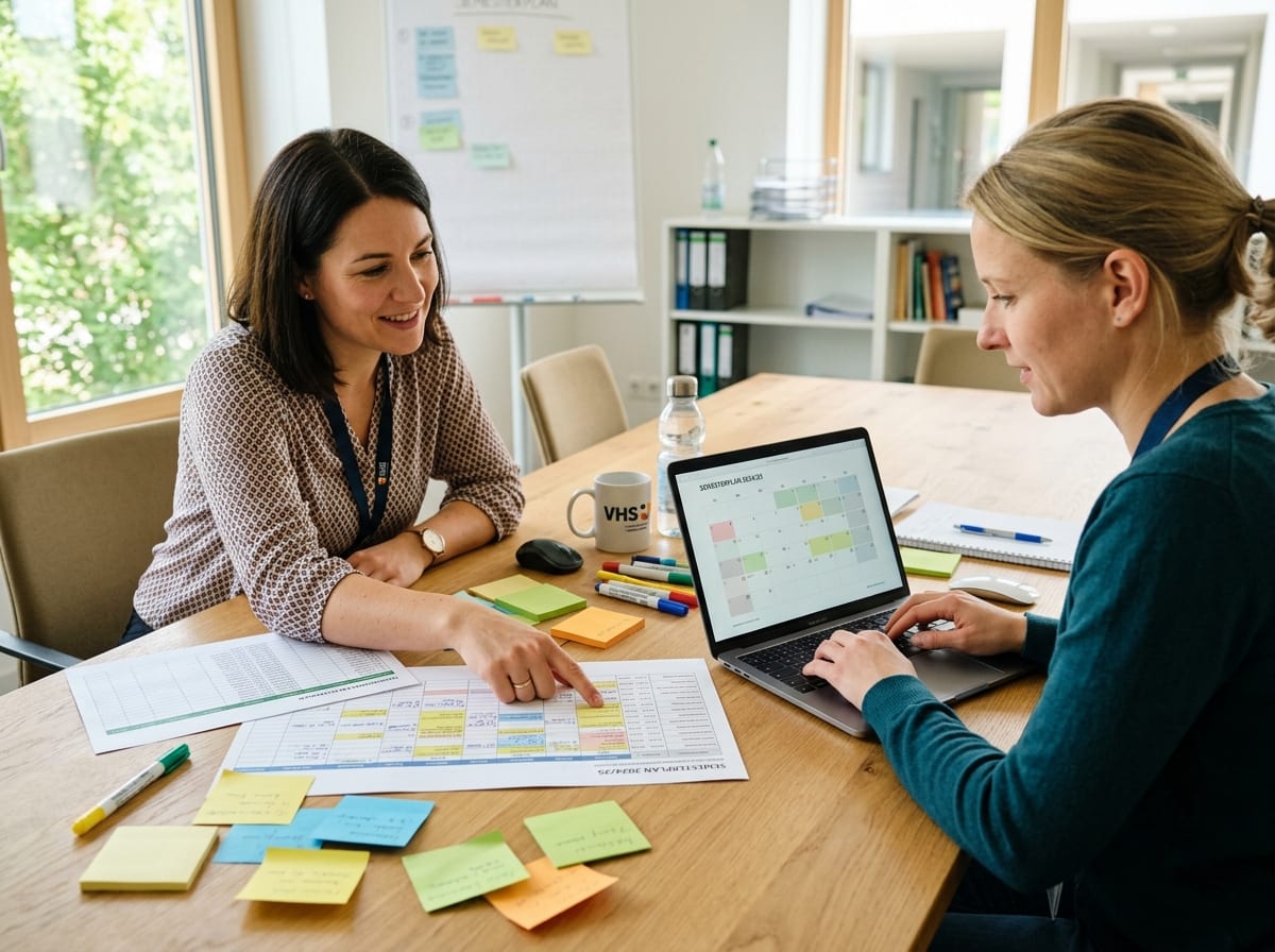 Zwei Mitarbeitende planen das Semesterprogramm mit Laptop und Terminübersichten