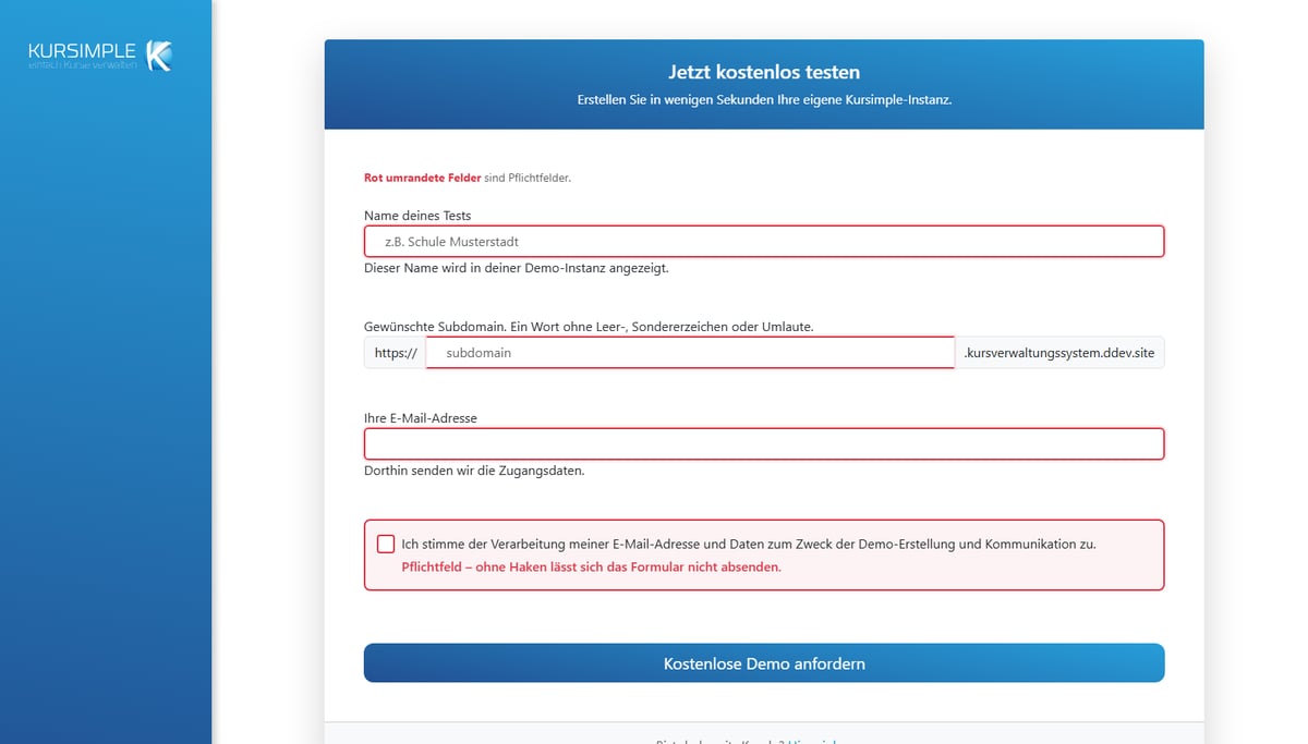 Screenshot aus KursSimple: Formular zum Anlegen der eigenen kostenlosen Demo-Instanz
