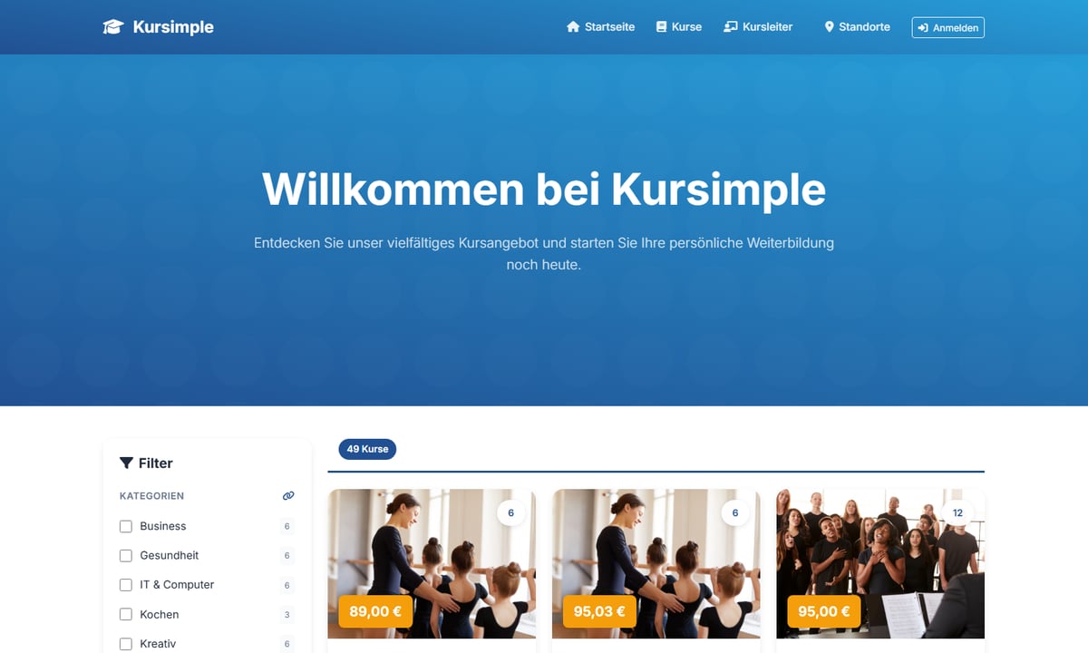 Screenshot aus KursSimple: das veröffentlichte Kursprogramm im Buchungsportal der Einrichtung