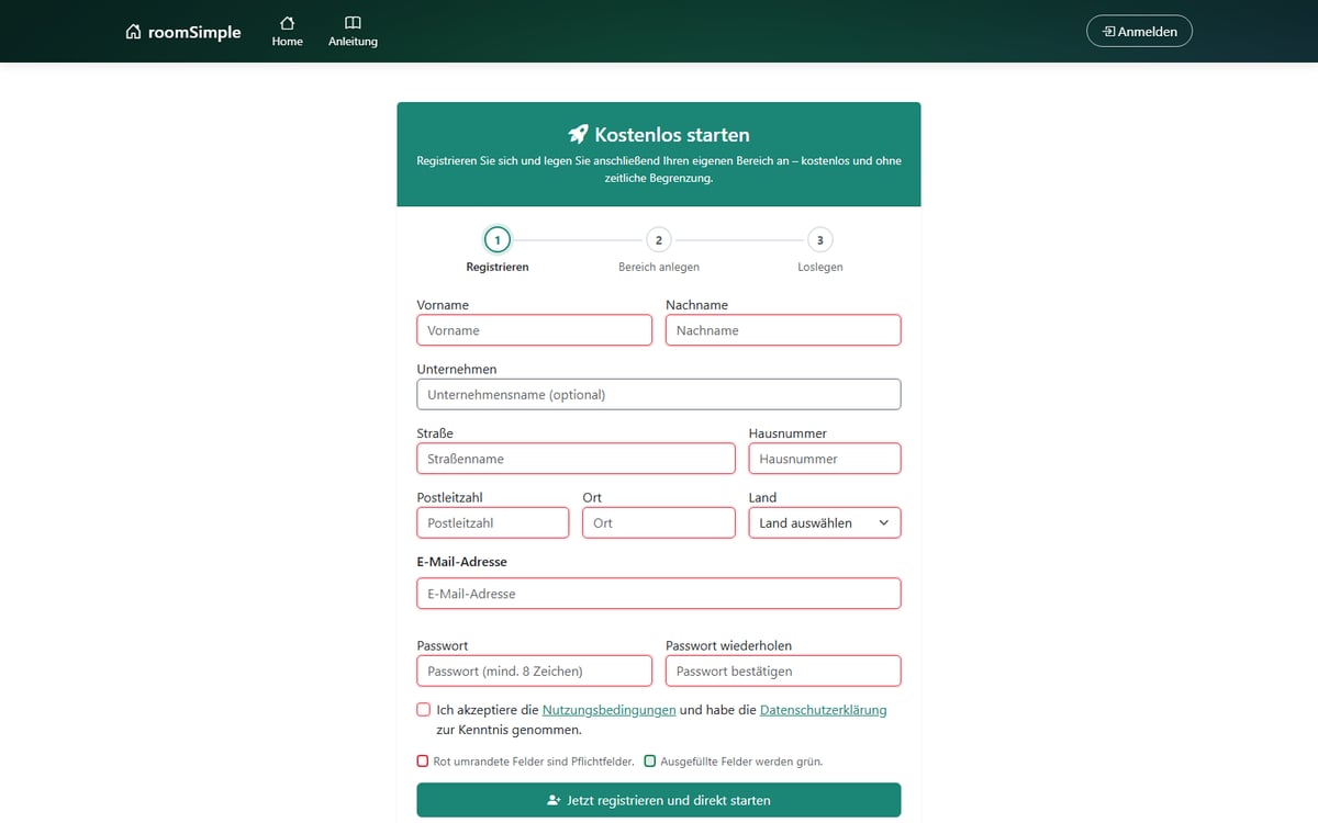 Screenshot aus RoomSimple: Kostenlos starten – registrieren und den eigenen Bereich anlegen