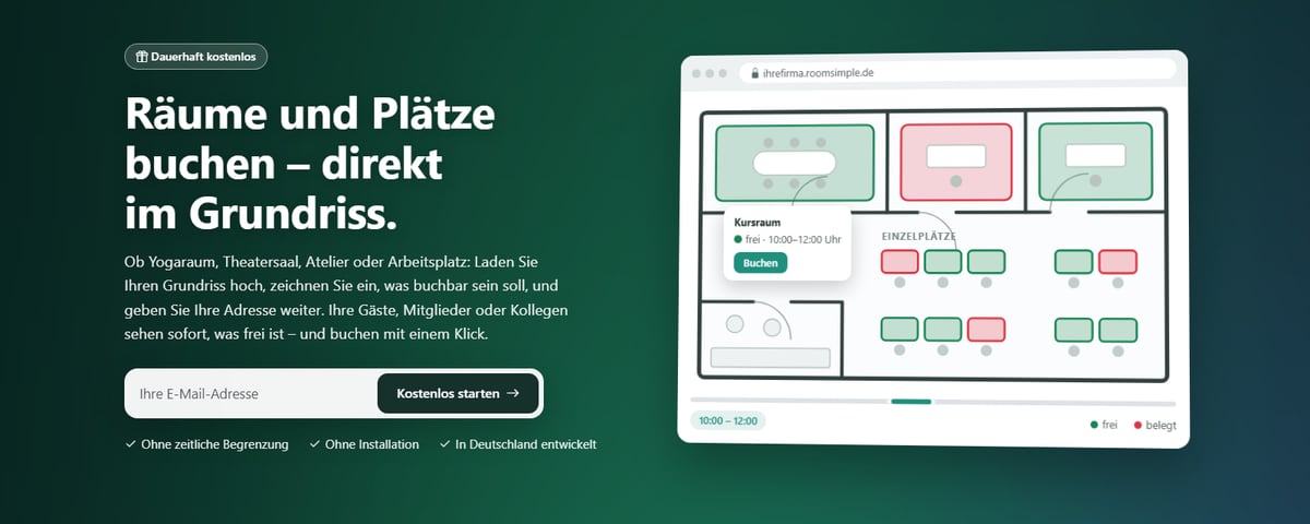 Von roomsimple.de: Räume und Plätze buchen – direkt im Grundriss, dauerhaft kostenlos